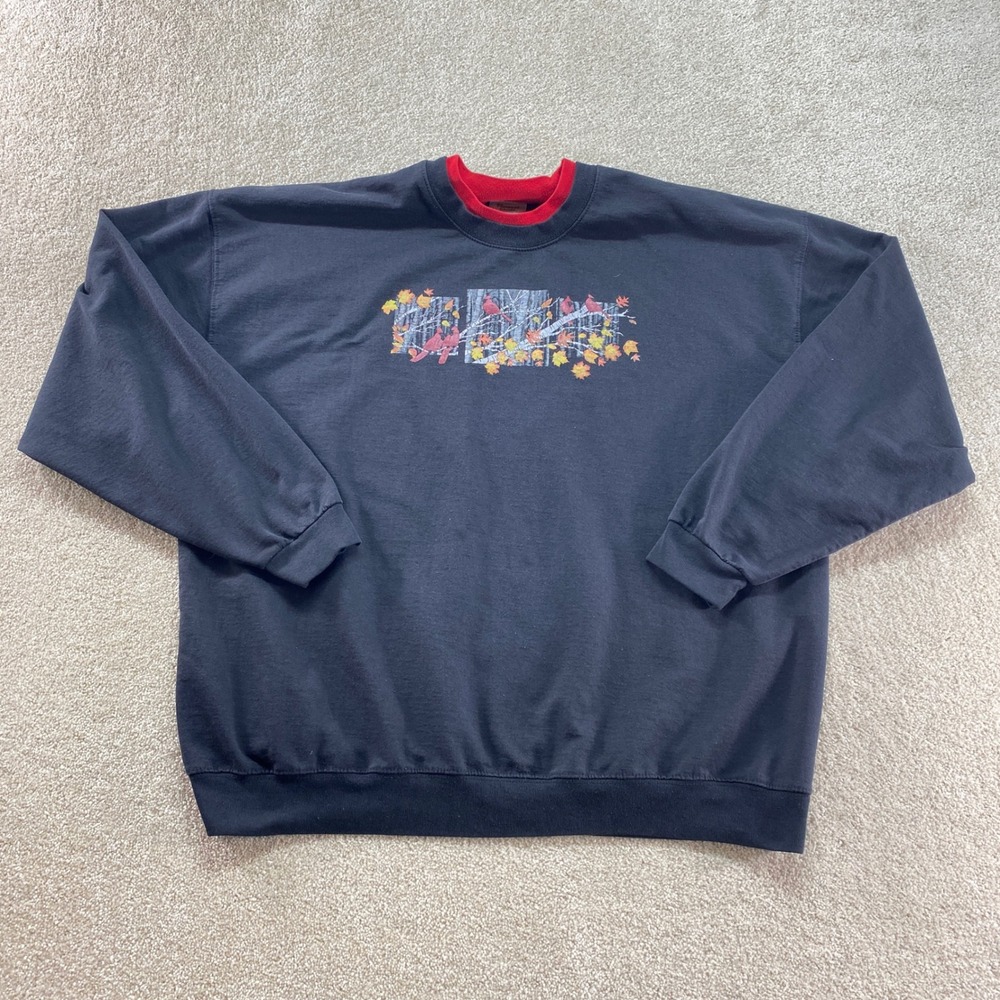 Pleasant Shade Sweatshirt Womens 2X Black Vintage Cardinal Bird‎ Autumn Leaves